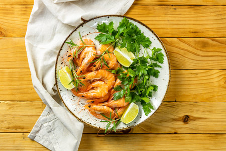 Boiled large shrimp in light ceramic plate with parsley and lime on wooden table surface. Fresh seafood ingredient - shrimp tails ready for cooking. Top view, food flat lay.の写真素材
