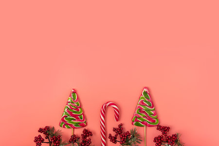 Christmas candy and pine branches with red berries on pink background. Candy shapes, candy cane....