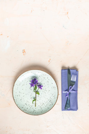 Simple table setting. Light pastel colored table setting.の写真素材