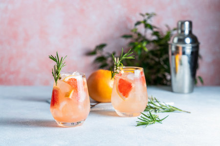 Tequila cocktail or cold lemonade with grapefruit juice, tinted with the aroma of a fresh sprig of...