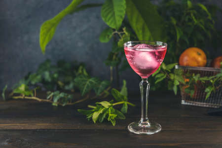 Elegant stemware glass of blood orange cocktail with big ice ball on dark wooden table surface surrounded green herbs and raw fresh blood orange in the basket.の写真素材