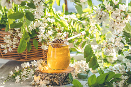 Sweet honey jar surrounded spring acacia blossoms. Sunny light, shallow depth of the field.の写真素材