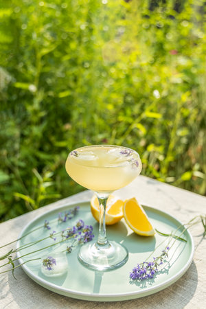 Pompadour glass of lavender lemonade with cube ice with lavender flowers. Table in summer garden.の写真素材