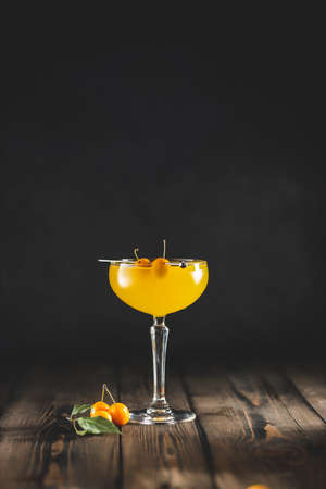 Plum gin and tonic cocktail from shaker in champagne coupe glass. Yellow fresh plum dark wooden table surface.の写真素材