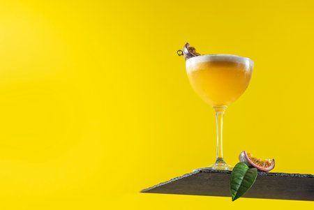 Glass of fresh passion fruit Martini cocktail on bright yellow background. Spring summer art drink food concept.の写真素材