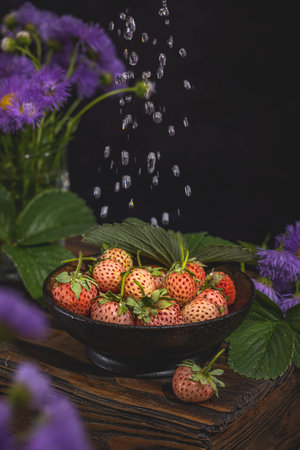 Fresh raw juicy strawberry pineberry in black ceramic plate. Green leaves, water drops. Dark wooden table.の写真素材