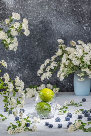 Two fresh limes in glass on light gray concrete table surrounded by white flowers and blueberries.の写真素材