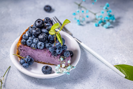 Piece of sweet creamy blueberry cheesecake with fresh blueberries sweet tasty cheesecake, berry pie....