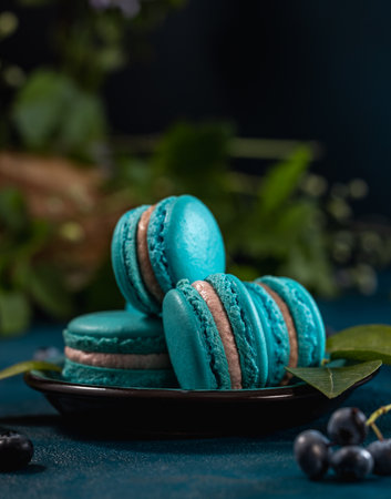 Blue macarons and blackberries on dark blue background. Purple flowers and green plants. Delicious french delicate dessertの写真素材