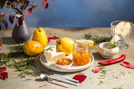 Pear jam in jar surrounded by ingredients, cheese and herbs on white plate and table on light gray background.の写真素材