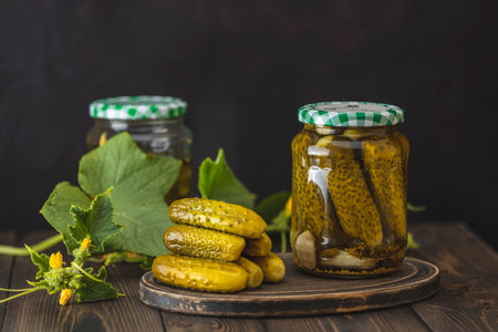 Glass jars filled with crunchy pickles, resting on a rustic wooden table with fresh ingredients, creating a visually appealing sceneの写真素材