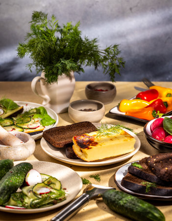 Healthy lunch is being prepared with baked cheese, rye bread and fresh vegetables on a tableの写真素材