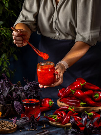 Woman holding a glass jar of ajvar and a wooden spoon with red pepper paste, surrounded by fresh ingredientsの写真素材