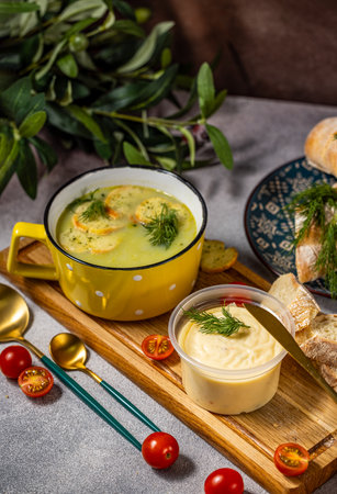 Delicious creamy soup served with croutons and fresh dill, accompanied by a cheese dip, bread, and cherry tomatoesの写真素材