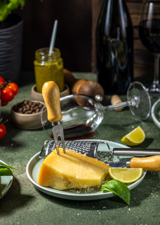 Rustic italian spread with parmesan, basil, lime, red wine, tomatoes, and pesto on a wooden tableの写真素材