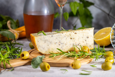 Close-up of delicious herb cheese with fresh rosemary and green olives, accompanied by a bottle of...