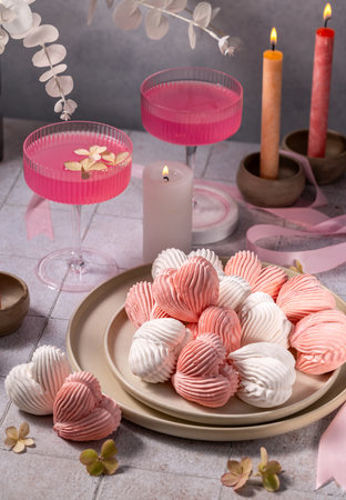 Delicate heart-shaped meringues in pink and white hues create a centerpiece for a romantic occasion, accompanied by pink cocktails and soft candlelightの写真素材