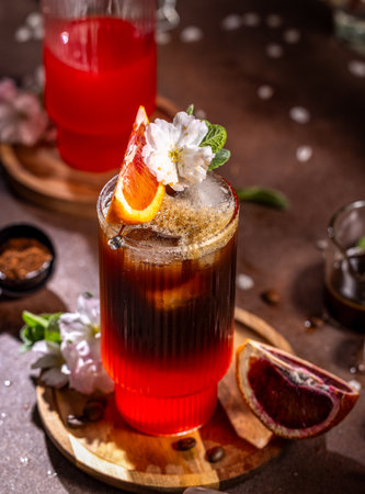 Tall glass of iced coffee infused with blood orange, decorated with a citrus slice, flower, and mint, creates a vibrant summer beverageの写真素材