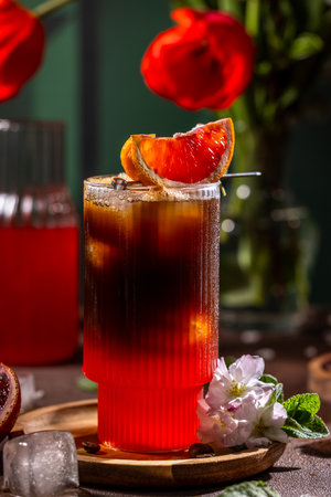 Espresso and blood orange cocktail is garnished with a slice of blood orange, ice cubes, and flowersの写真素材