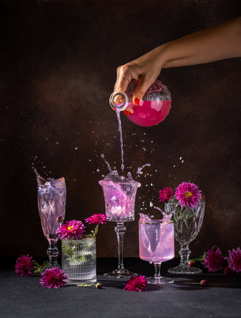 Hand pouring a vibrant pink beverage from a glass bottle into elegant crystal glasses, causing a splash and surrounded by ice cubes and purple flowersの写真素材