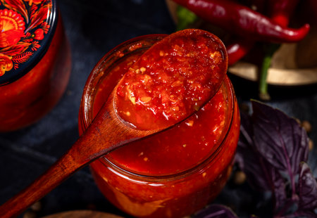 Jars filled with homemade spicy adjika sauce, surrounded by fresh ingredients, resting on a dark background, highlighting vibrant colorsの写真素材
