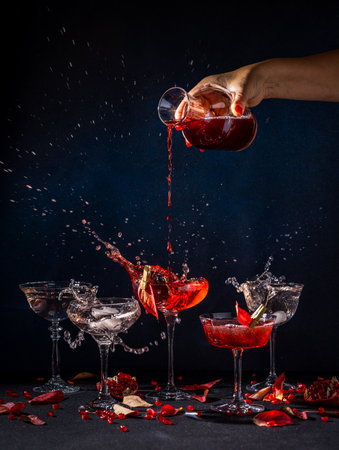 Red cocktail being poured into glasses, creating splashes and adorned with pomegranate seeds, on a dark backgroundの写真素材
