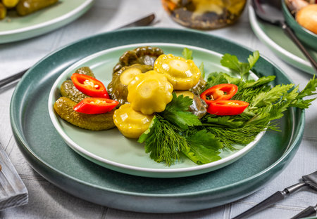 Serving plate with pickled pattypan squash and gherkins, garnished with fresh dill, parsley, and chili pepper slicesの写真素材