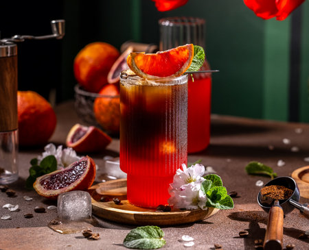 Glass of iced coffee infused with blood orange, decorated with mint leaves and orange slice, creating a vibrant and refreshing summer beverageの写真素材
