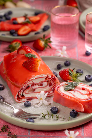 Pink strawberry crepe roll is being sliced and served on a plate with fresh strawberries and blueberriesの写真素材