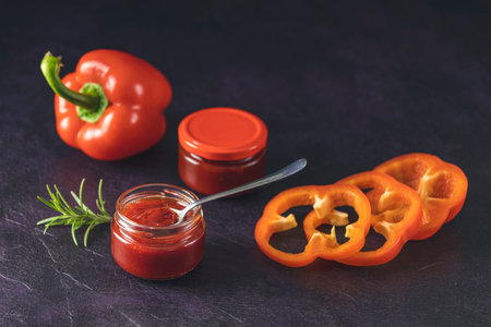 Jars of delicious homemade sauce with fresh red bell peppers and rosemary, creating a vibrant culinary sceneの写真素材