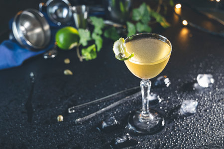 Refreshing daiquiri cocktail garnished with a lime peel, served in an elegant glass on a wet black table with bar equipment and ice cubesの写真素材