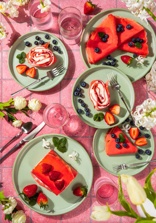 Pink colored crepes and rolled strawberry cake served on green plates with fresh fruit, accompanied by glasses and cutlery, perfect for a spring brunchの写真素材