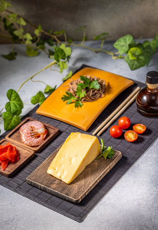 Shrimp, cheese, and tomatoes are arranged on a table, showcasing a unique fusion of culinary traditionsの写真素材