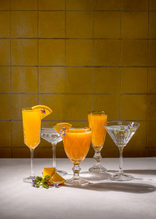 Four crystal glasses containing refreshing cocktails garnished with edible flowers and orange slices stand on a white tablecloth against a yellow tiled wallの写真素材