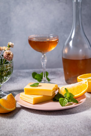 Gourmet white chocolate bars infused with orange zest, served with rose wine, fresh mint, and orange slices, creating a luxurious and refreshing treatの写真素材