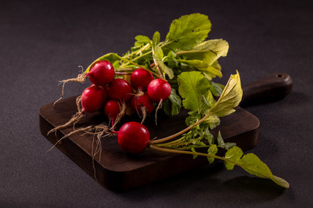Vibrant red radishes with lush green leaves are presented on a rustic wooden cutting board, creating a simple yet appealing culinary sceneの写真素材