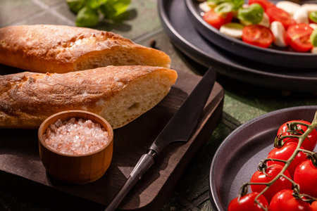 Freshly baked baguette with sea salt, vibrant cherry tomatoes, and a salad on a wooden board, perfect for a rustic meal preparationの写真素材