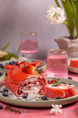 Pink strawberry crepe roll cake with blueberries, cream cheese and fresh strawberries, garnished with white flowers on a pink table settingの写真素材