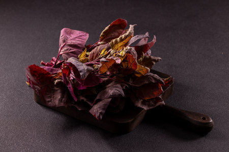 Vibrant red spinach leaves, with hints of yellow and deep purple hues, arranged on a dark, rustic wooden cutting board against a black background, creating a dramatic and appetizing culinary sceneの写真素材
