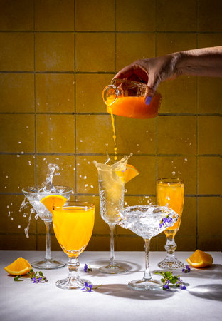 Hand pouring orange juice into a glass creating splashes, with other glasses and orange slices on a tableの写真素材