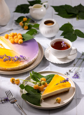 Creamy layered cheesecake decorated with yellow raspberry, lavender, and a cup of tea creating a delightful culinary experienceの写真素材