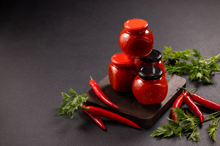 Four glass jars of homemade sweet chili sauce with fresh red chilies and parsley on a rustic dark wooden board against a moody dark background, gourmet rustic condiment prepの写真素材