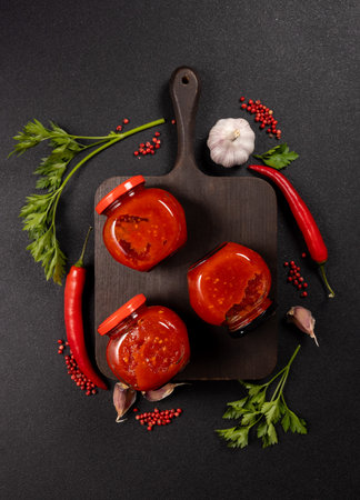 Homemade sweet chili sauce in glass jars, prepared with fresh red chili peppers, garlic, and...