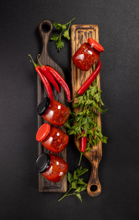 Jars of homemade sweet chili sauce featuring vibrant red peppers, fresh green parsley, and rustic wooden cutting boards, presenting a spicy and flavorful condiment on a dark backgroundの写真素材
