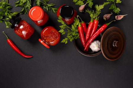 Spicy sweet chili sauce in glass jars with fresh red chili peppers, garlic cloves, and parsley arranging a flavorful food composition on a rustic dark surfaceの写真素材