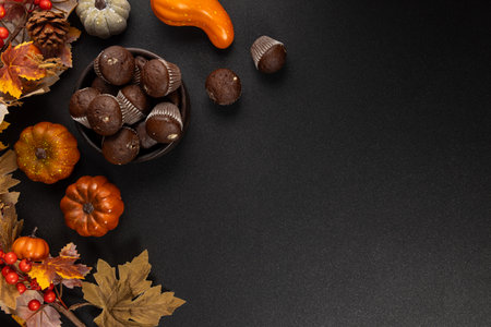 Chocolate muffins arranged in a bowl with autumn leaves, small pumpkins and berries on a dark background  cozy flat lay for harvest, thanksgiving and halloween themesの写真素材