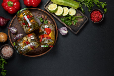 Pickled vegetables in glass jars with zucchini, bell pepper, onion and spices on a dark surface, overhead flat lay evoking homemade canning, rustic preservation and healthy eatingの写真素材