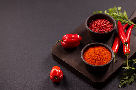 Red chili peppers. Powdered paprika. And pink peppercorns arranged on a dark wooden cutting board....