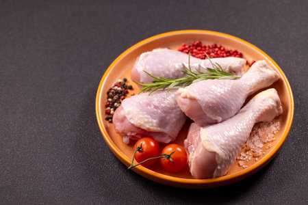 Raw chicken drumsticks and thighs on an orange plate, ready for cooking, seasoned with rosemary sprigs, red and black peppercorns, coarse salt, and fresh cherry tomatoes on a dark tabletopの写真素材