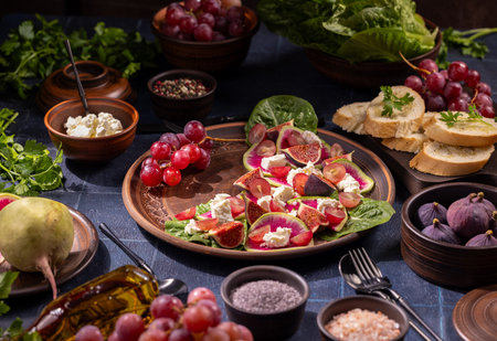 Salad featuring sliced figs, watermelon radish, and crumbled feta cheese, served amidst fresh ingredients including red grapes, lettuce, and crusty bread, creating a rich and inviting compositionの写真素材